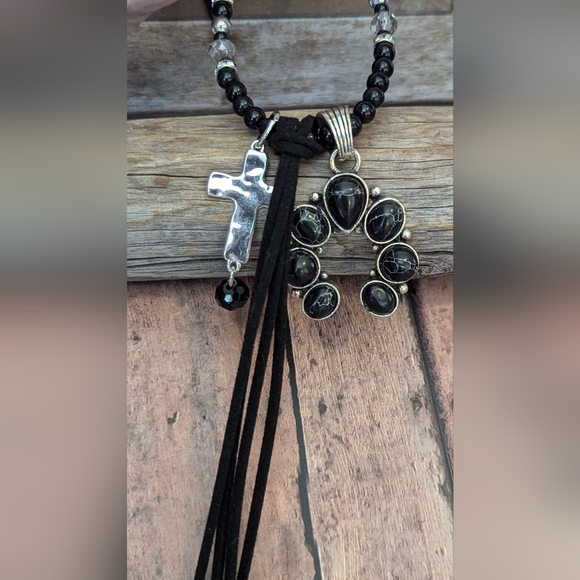 NWT Black Suede W Beads & Squash Blossom Charm Fringe & Cross Necklace - Picture 5 of 9